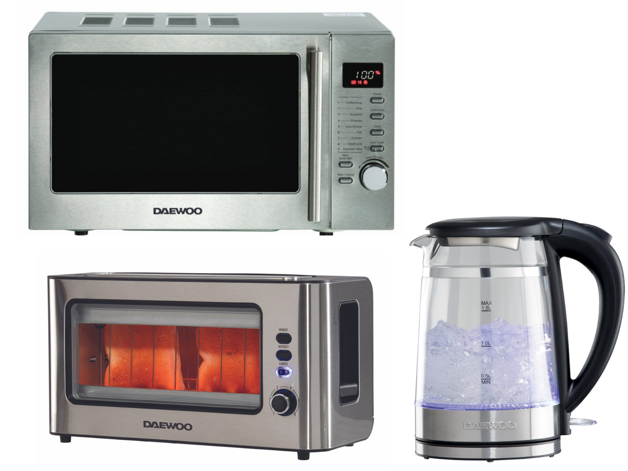 Daewoo 1.7L 3KW Glass Kettle, 2 Slice Glass Toaster & 20L 700W Microwave. Matching Set in Silver Stainless Steel & Glass
