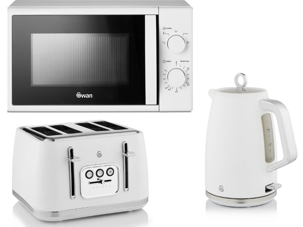 Swan Serenity White 1.7L 3KW Kettle, 4 Slice Toaster  & 700W 20L Manual Microwave Matching Set
