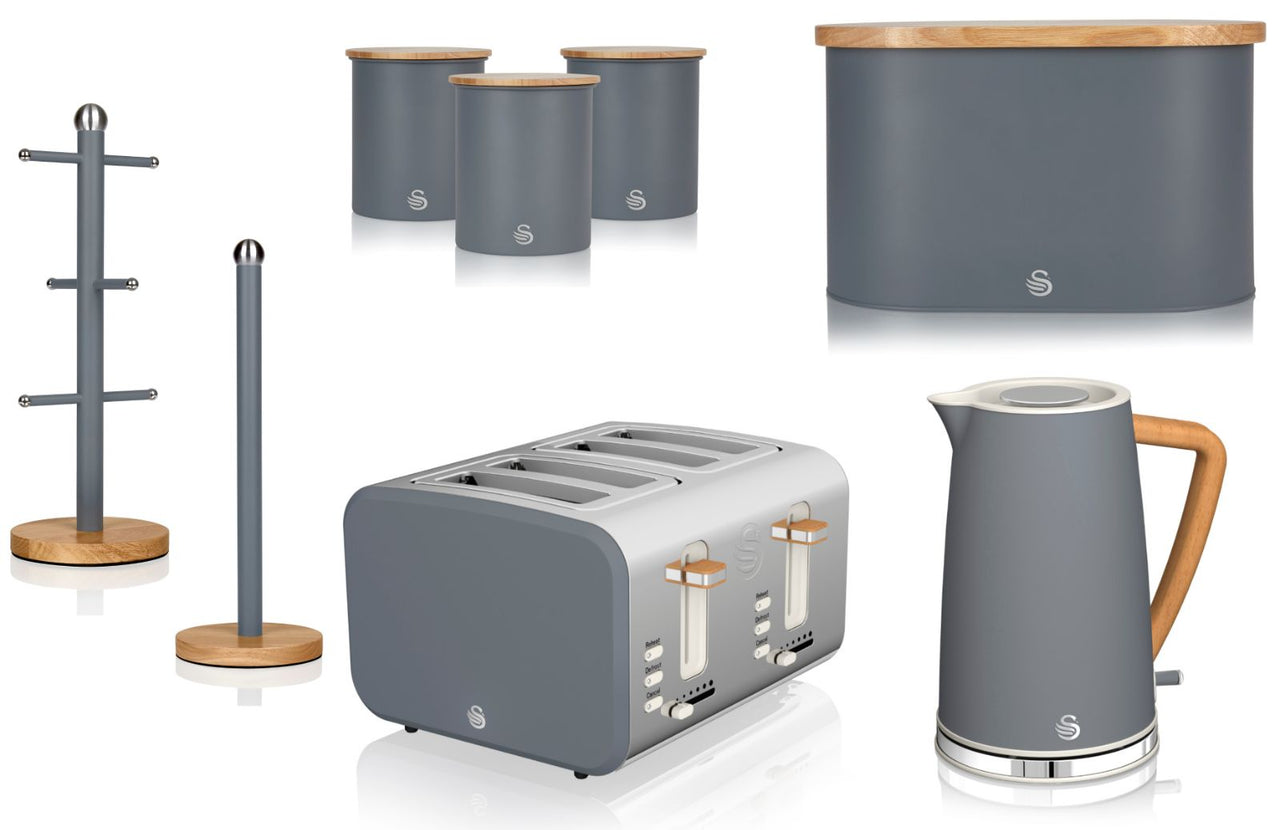 Swan Nordic Grey Jug Kettle, 4 Slice Toaster, Bread Bin, Canisters, Mug Tree & Towel Pole Matching Kitchen Set