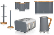 Swan Nordic Grey Jug Kettle, 4 Slice Toaster, Bread Bin, Canisters, Mug Tree & Towel Pole Matching Kitchen Set