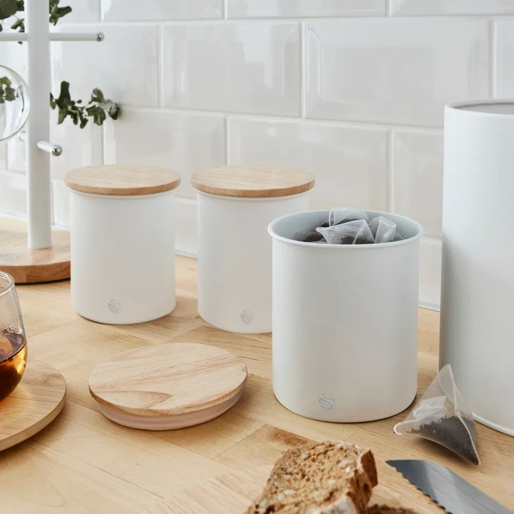 Swan Fjord White Jug Kettle Toaster plus Nordic Microwave Canisters Kitchen Set4