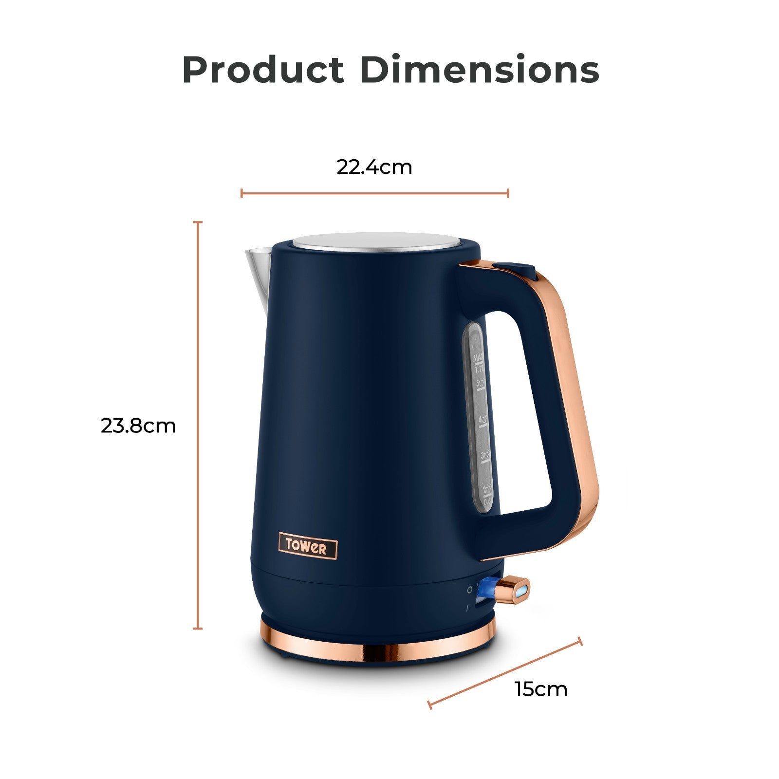 Tower Cavaletto 1.7L Kettle 3KW Rapid Boil | 360° Swivel Base | Blue & Rose Gold5