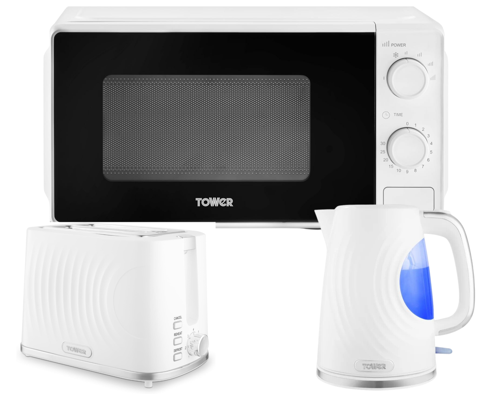 Tower Sonar White Kettle 2 Slice Toaster & 800W 20L Manual Microwave T24044WHT0