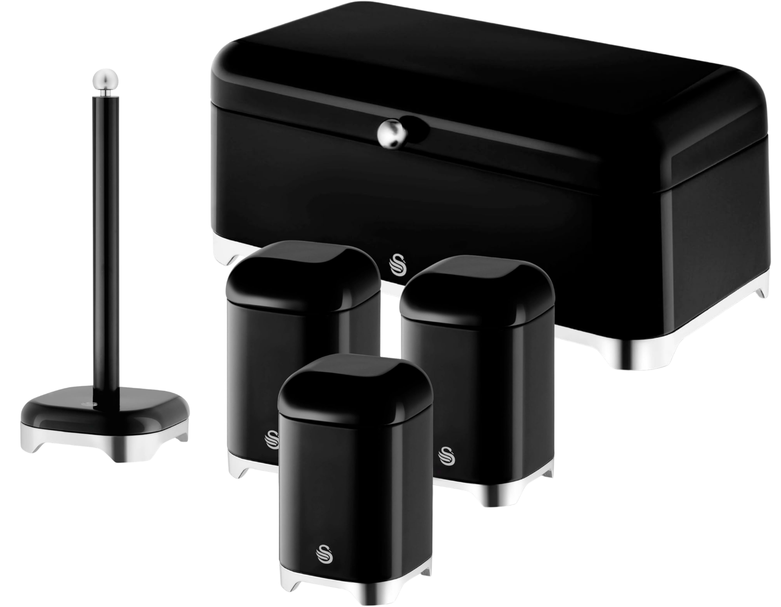 Swan Solace Black Breadbin Canisters Kitchen Roll Holder Storage Set Chrome Trim0