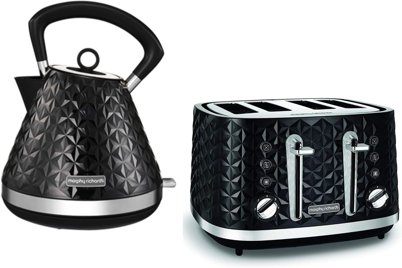 Morphy Richards Vector 1.5L 3KW Pyramid Kettle & 4 Slice Toaster in Black