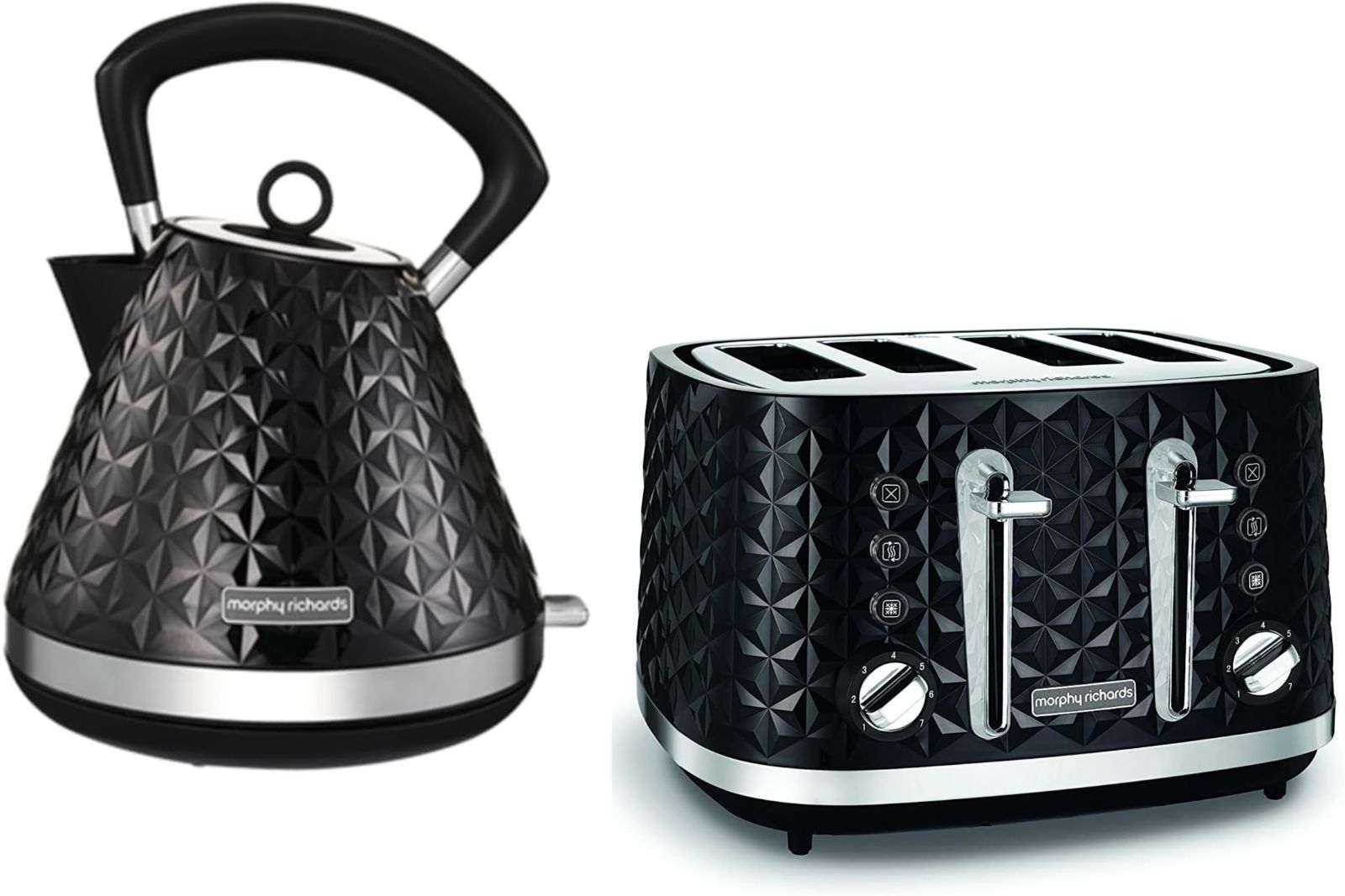 Morphy Richards Vector 1.5L 3KW Pyramid Kettle & 4 Slice Toaster in Black