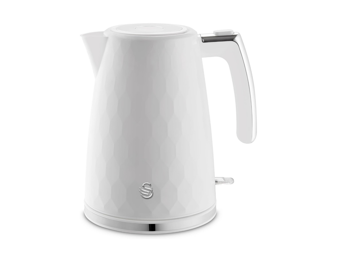 Swan Hexton White Rapid Boil Kettle 1.7L 3KW Hexagonal Texture Chrome Accents0