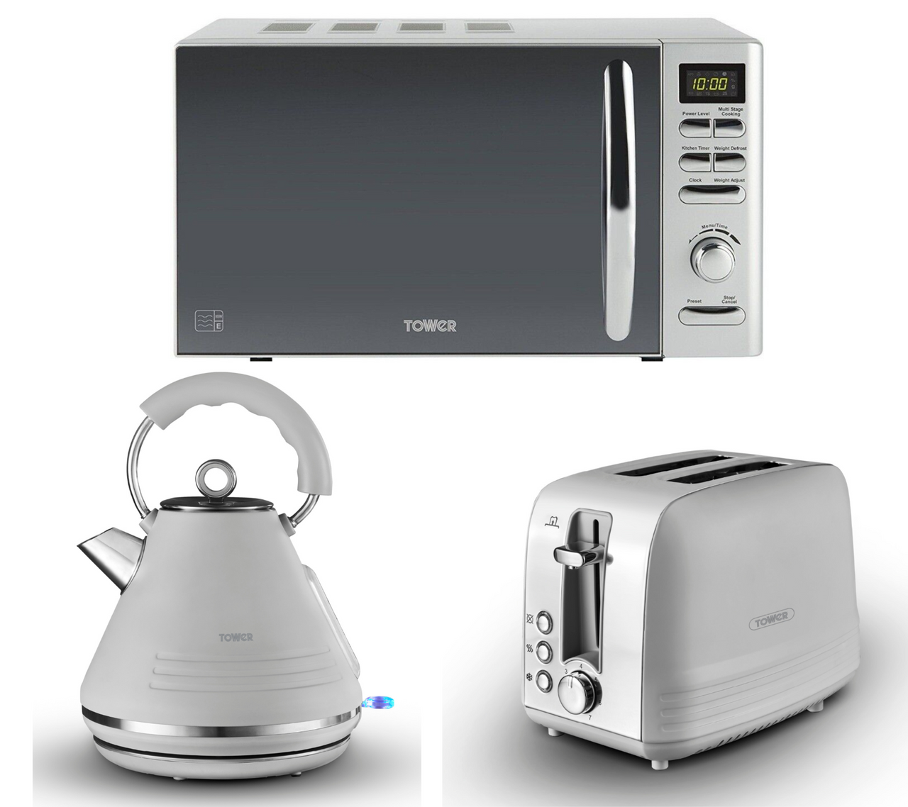 Tower Ash Grey Pyramid Kettle, 2 Slice Toaster & Tower T24019S Silver Microwave