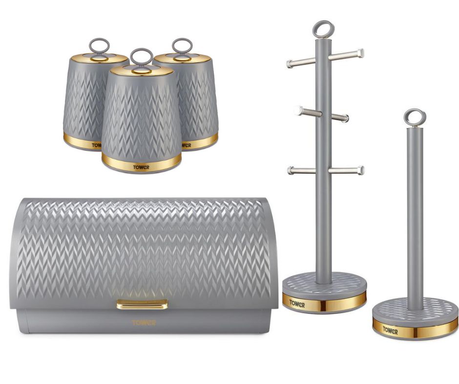 Tower Empire Grey Bread Bin Canisters Mug Tree & Towel Pole Matching Kitchen Storage Set