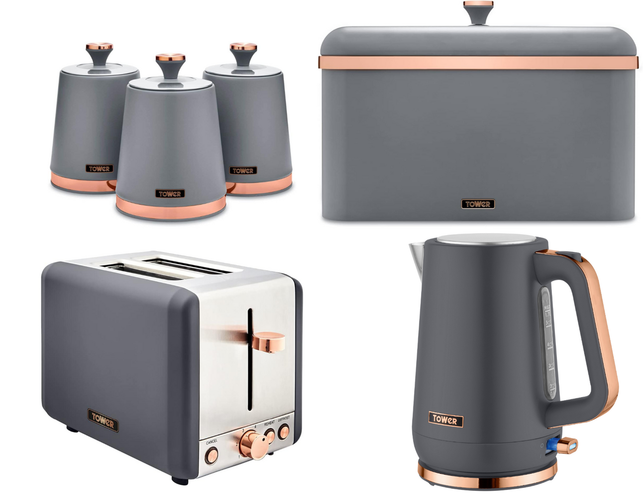 Tower Cavaletto Grey Jug Kettle Toaster Breadbin Canisters Matching Kitchen Set0