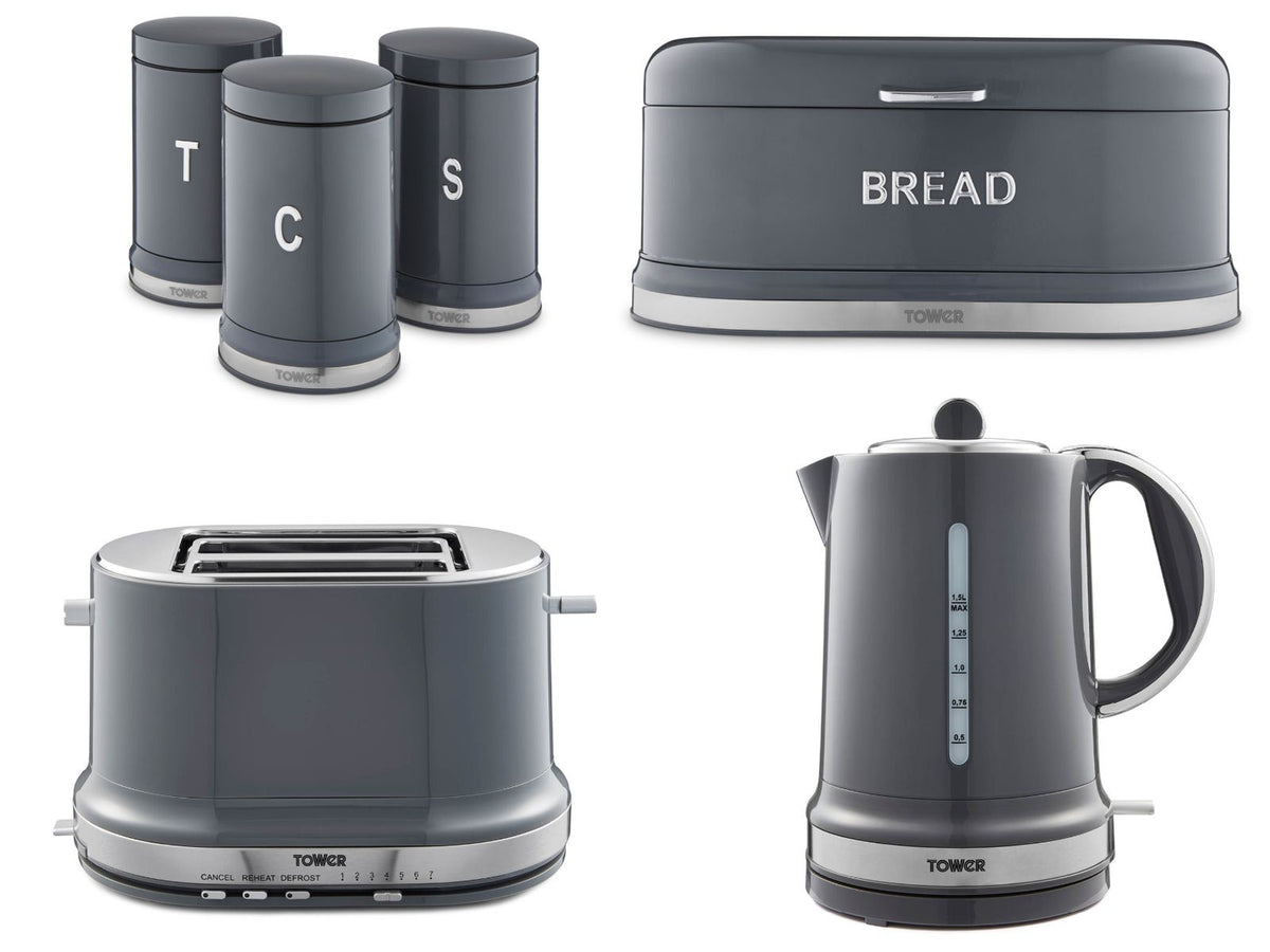 Tower Belle 1.5L 3KW Kettle, 2 Slice Toaster, Bread Bin & Canisters Graphite Grey Kitchen Set of 6