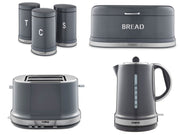 Tower Belle 1.5L 3KW Kettle, 2 Slice Toaster, Bread Bin & Canisters Graphite Grey Kitchen Set of 6