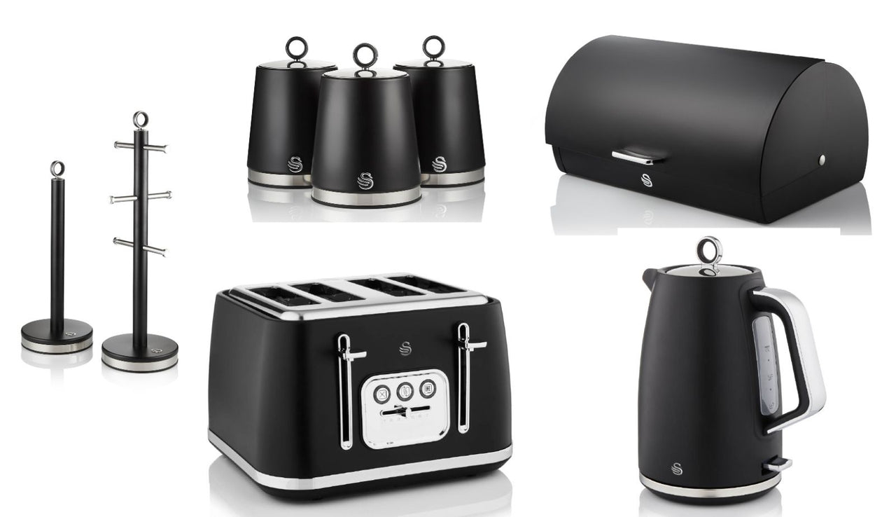 Swan Serenity Black 1.7L 3KW Kettle, 4 Slice Toaster, Bread Bin, Canisters, Mug Tree & Towel Pole. Matching Swan Kitchen Set of 8