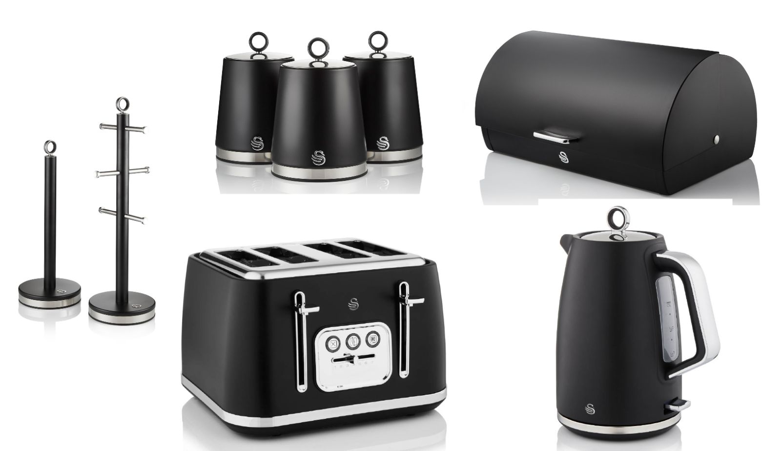 Swan Serenity Black 1.7L 3KW Kettle, 4 Slice Toaster, Bread Bin, Canisters, Mug Tree & Towel Pole. Matching Swan Kitchen Set of 8