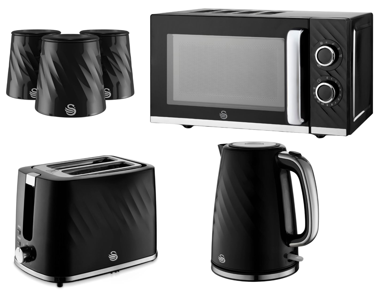 Swan Windsor Black Kettle Toaster Microwave Canisters Matching Kitchen Bundle0