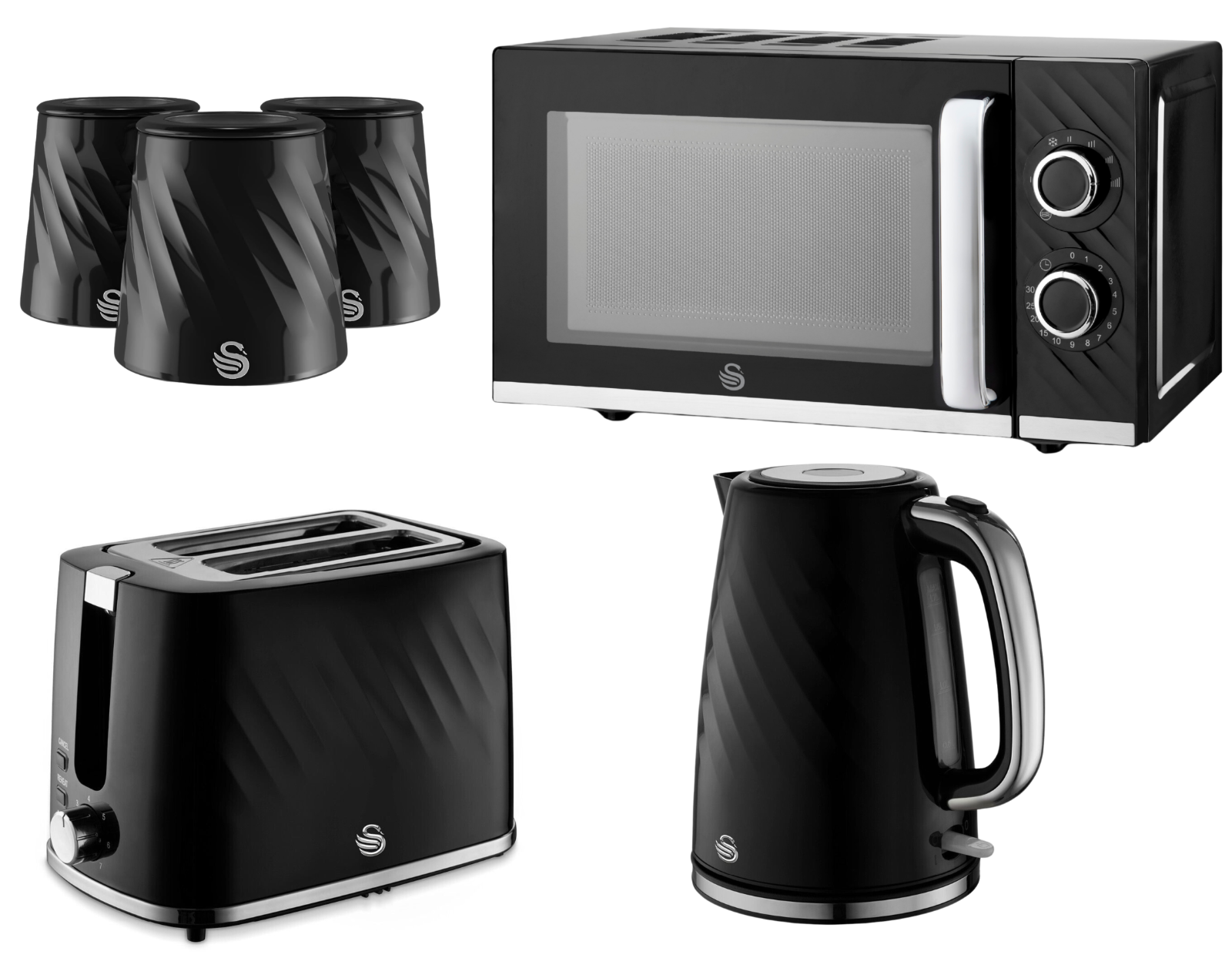 Swan Windsor Black Kettle Toaster Microwave Canisters Matching Kitchen Bundle0