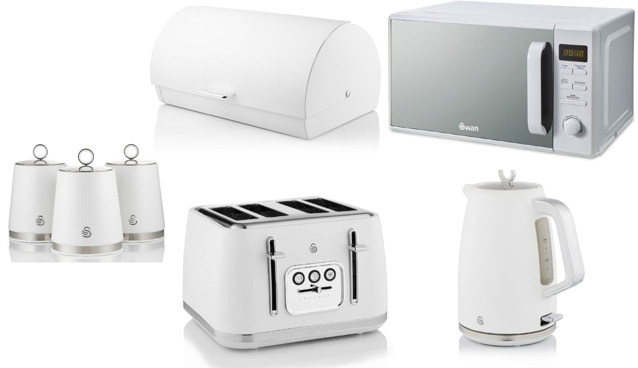 Swan Serenity White 1.7L 3KW Kettle, 4 Slice Toaster, Bread Bin, Canisters and 20L 800W Digital Microwave Matching Set