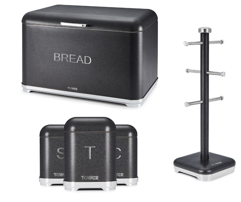 Tower GLITZ Noir Bread Bin, Canisters, Mug Tree Set in Shimmering Black