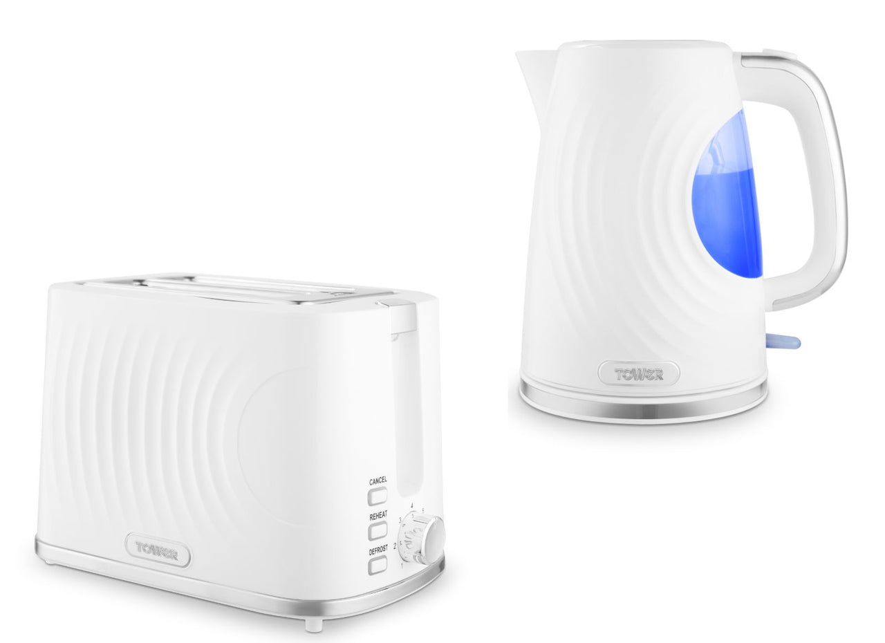 Tower Sonar White 1.7L 3KW Kettle & 2 Slice Toaster Matching Set with Chrome Accents & Stylish Ripple Design