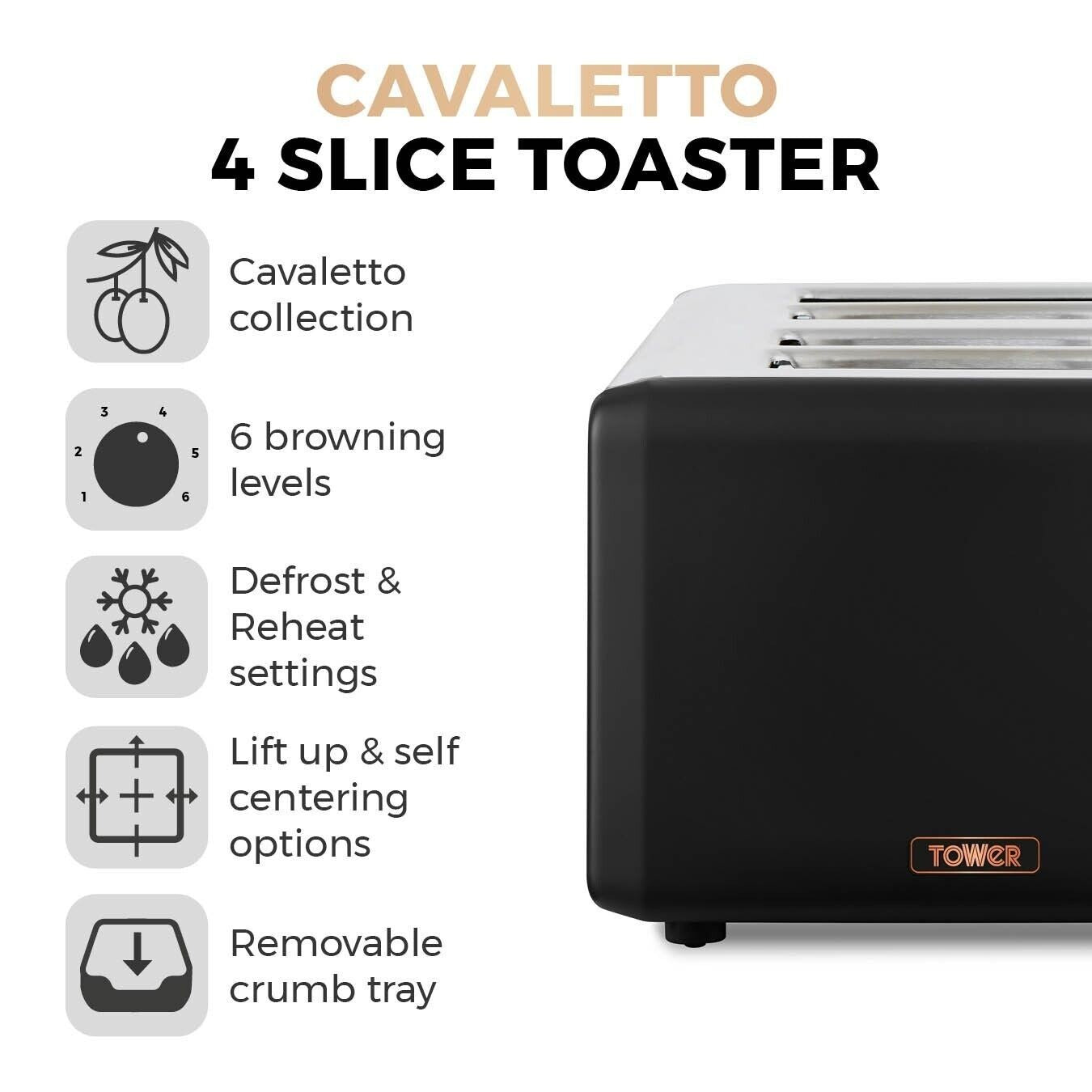 Tower Cavaletto Black Jug Kettle and 4 Slice Toaster Matching Kitchen Set7