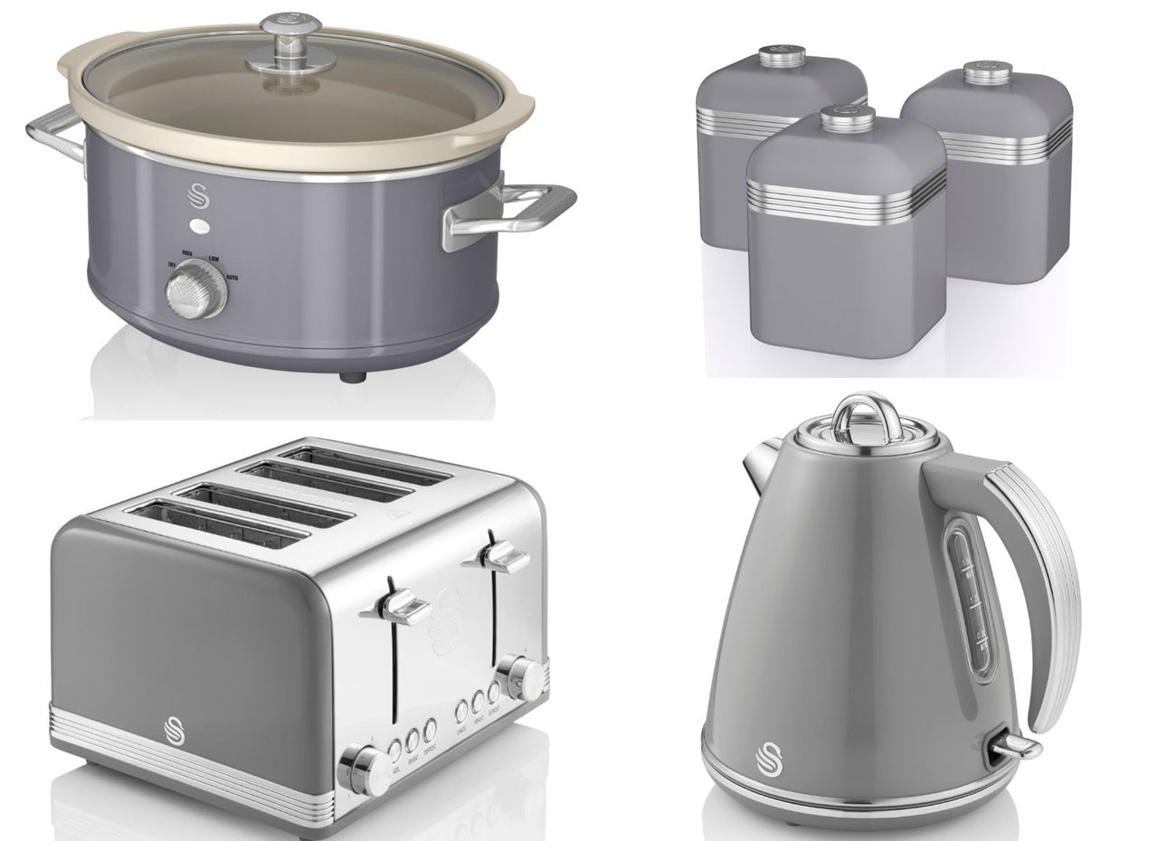 SWAN Retro Grey 1.5L 3KW Jug Kettle, 4 Slice Toaster, 3.5L Slow Cooker & Canisters Matching Set