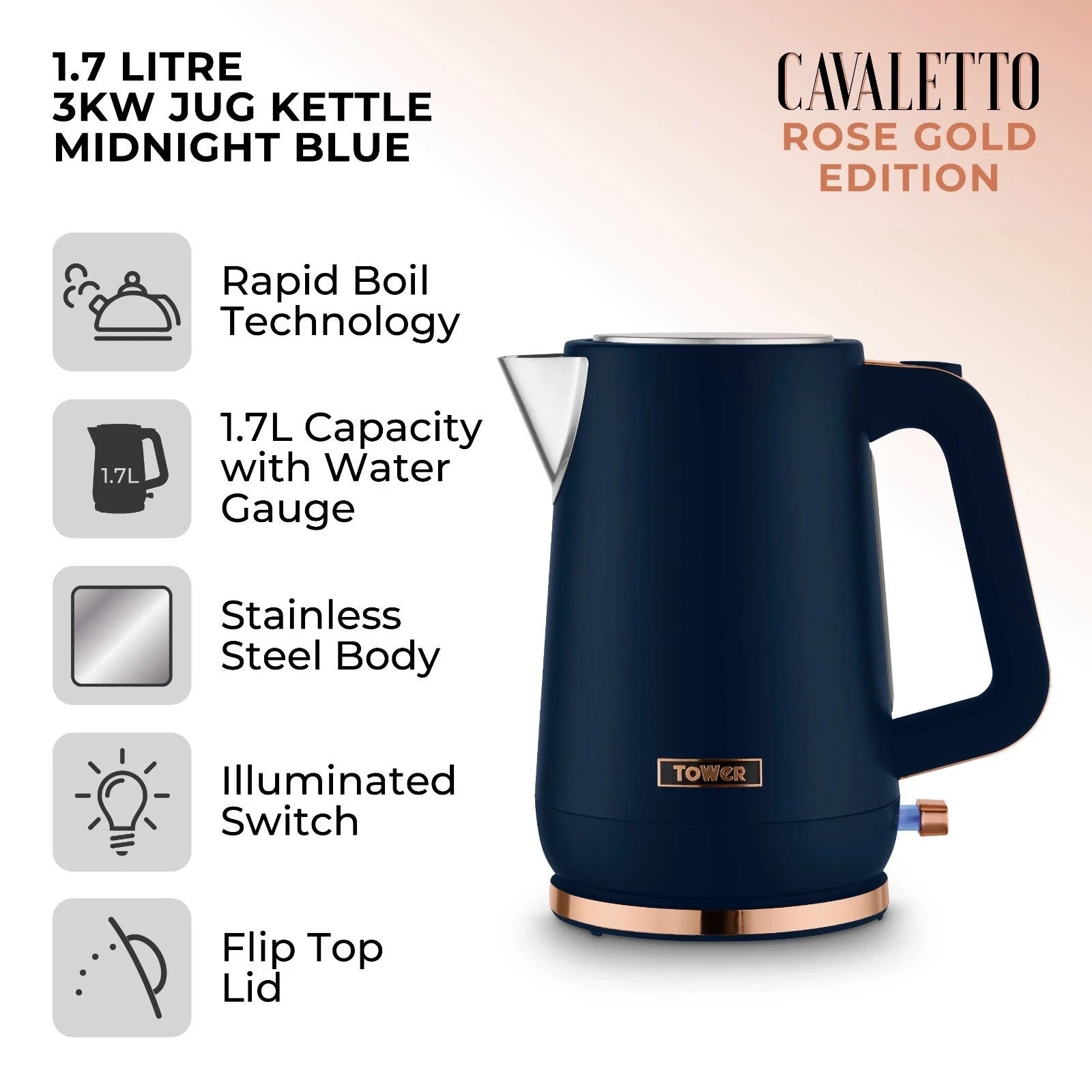 Tower Cavaletto Kettle & 4 Slice Toaster Set Midnight Blue Rose Gold1