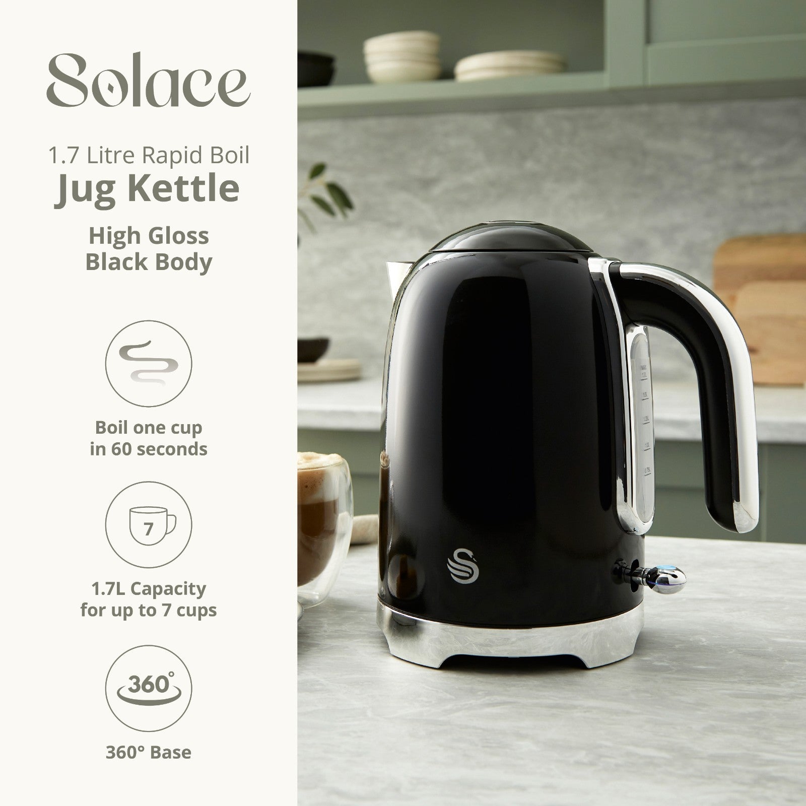 Swan Solace Black Kettle 2 Slice Toaster & 800W 20L Microwave Kitchen Set1
