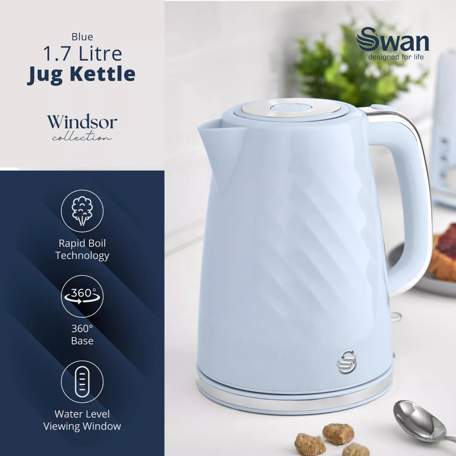 Swan Windsor Blue 1.7L Kettle & 2 Slice Toaster Set with Chrome Accents4