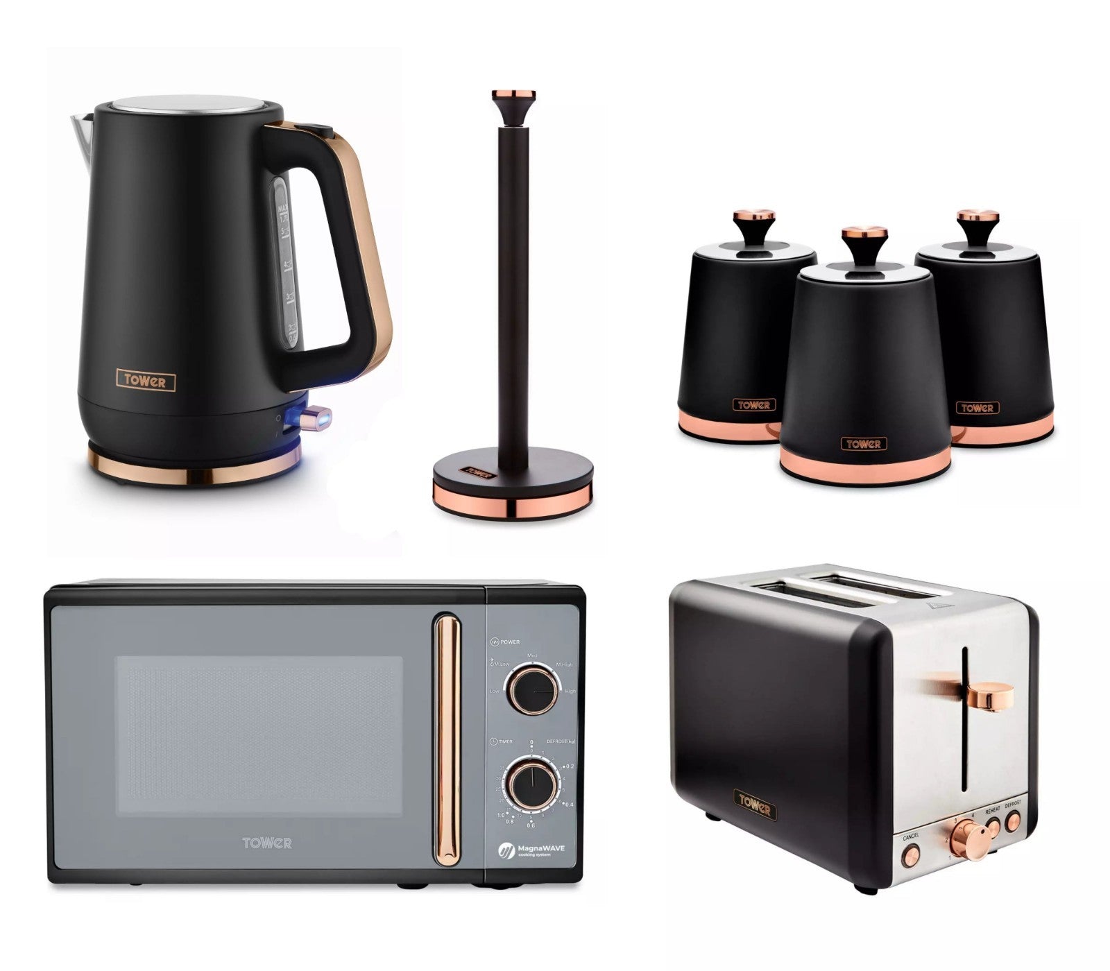 Tower Cavaletto Kettle, 2 Slice Toaster, Canisters, Towel Pole & Microwave Black0