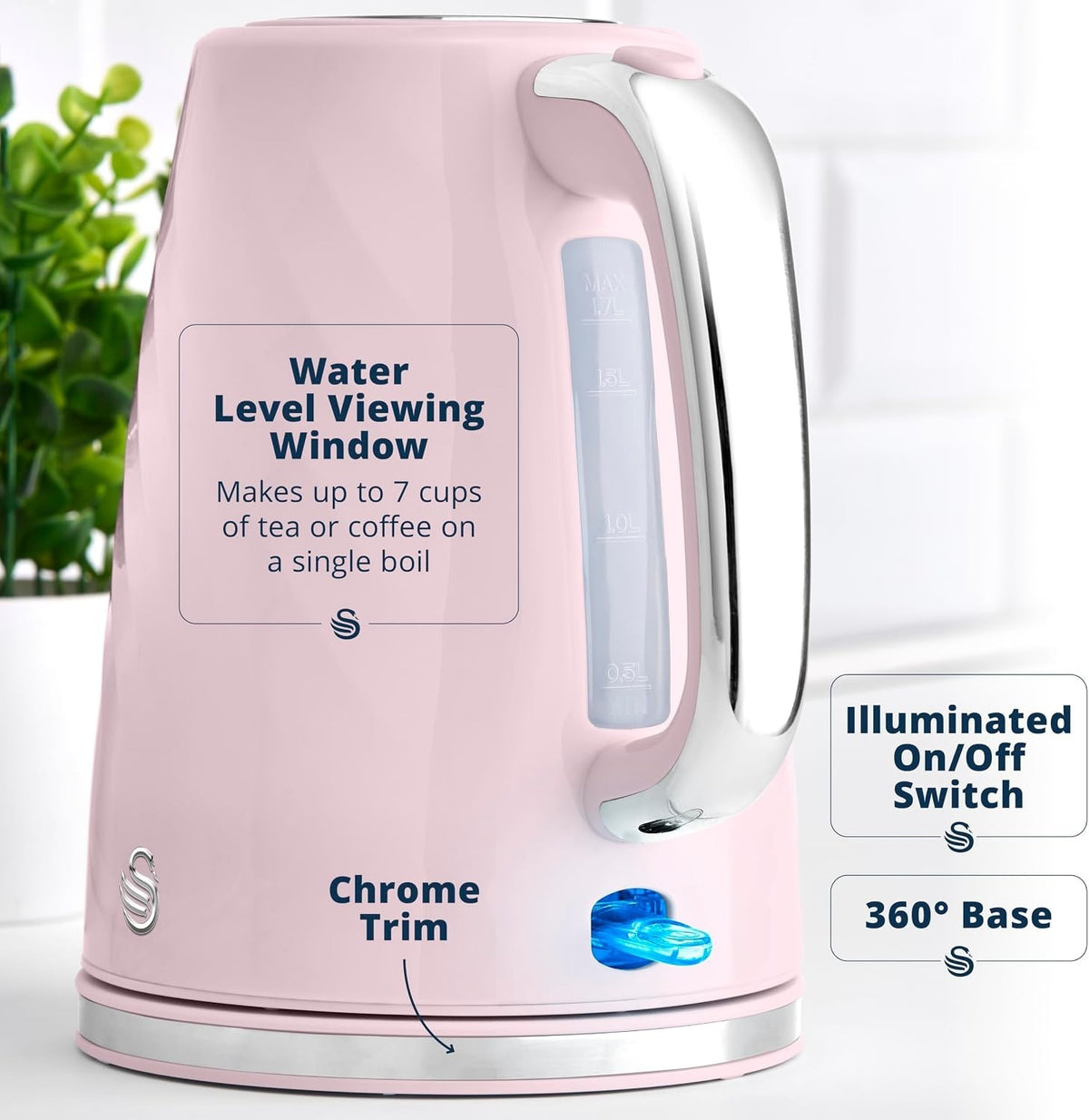 Swan Windsor Pink 1.7L 3kW Rapid Boil Kettle Cordless SK14611PNK Chrome Accents4