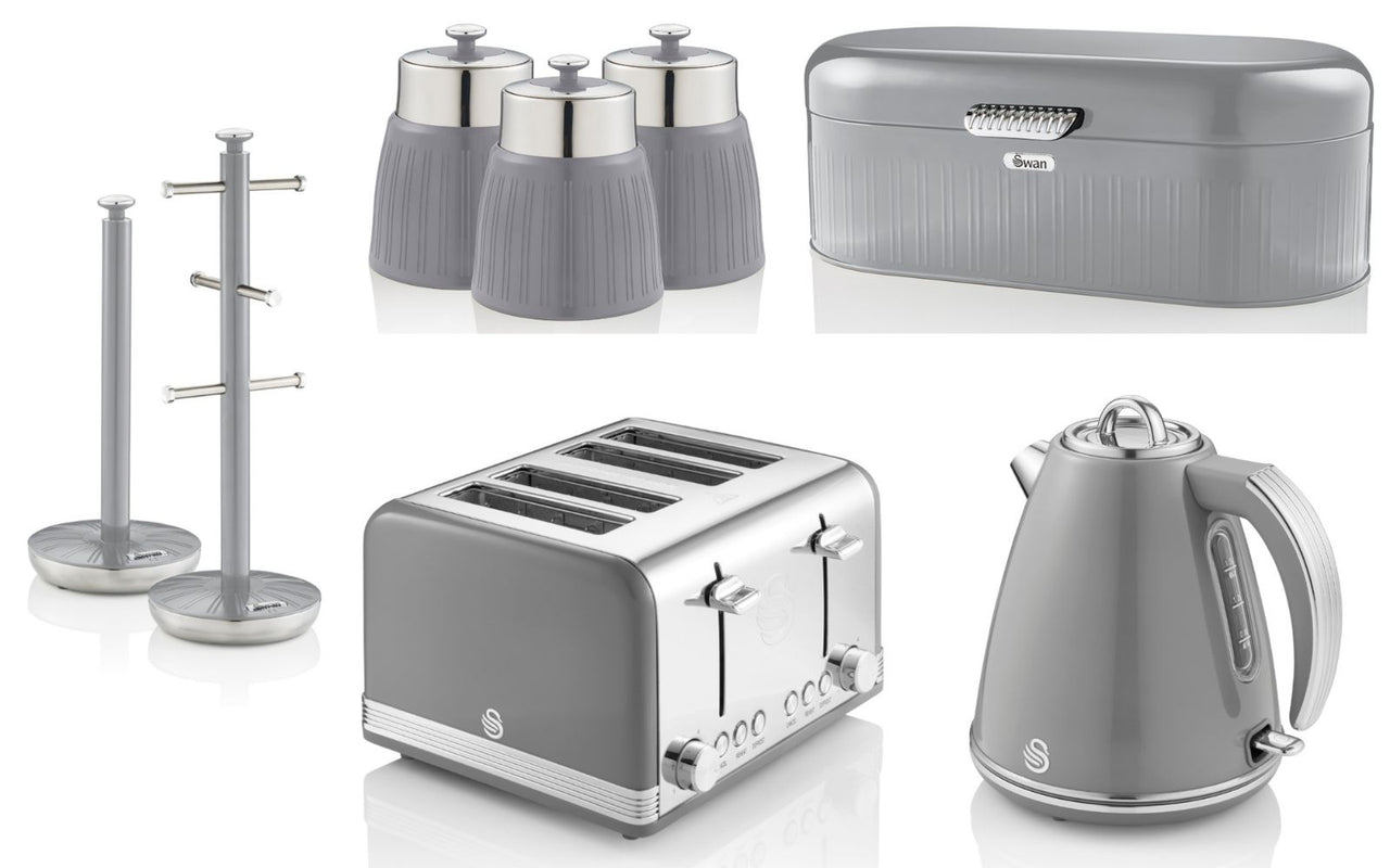 SWAN Retro Grey Kettle Toaster Bread Bin Canisters Mug Tree Towel Pole Set of 8