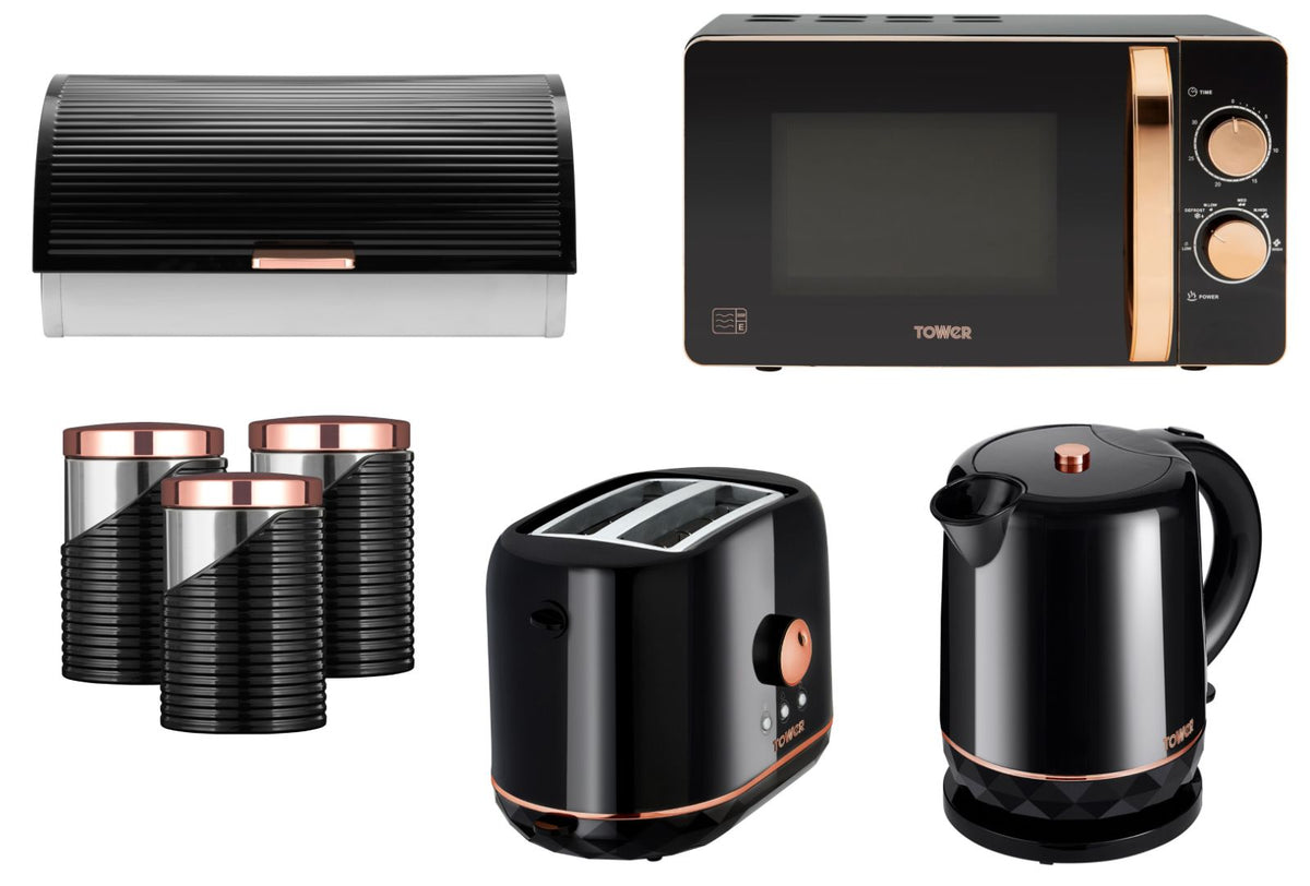 Tower Rose Gold/Black Kettle Toaster 800W 20L Microwave Bread Bin & Canisters
