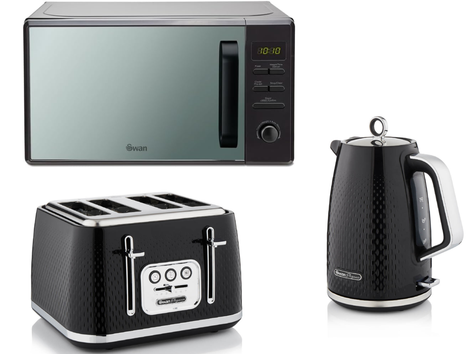 Swan Elegance Kettle, 4 Slice Toaster & 800W 20L Digital Microwave Set in Black0