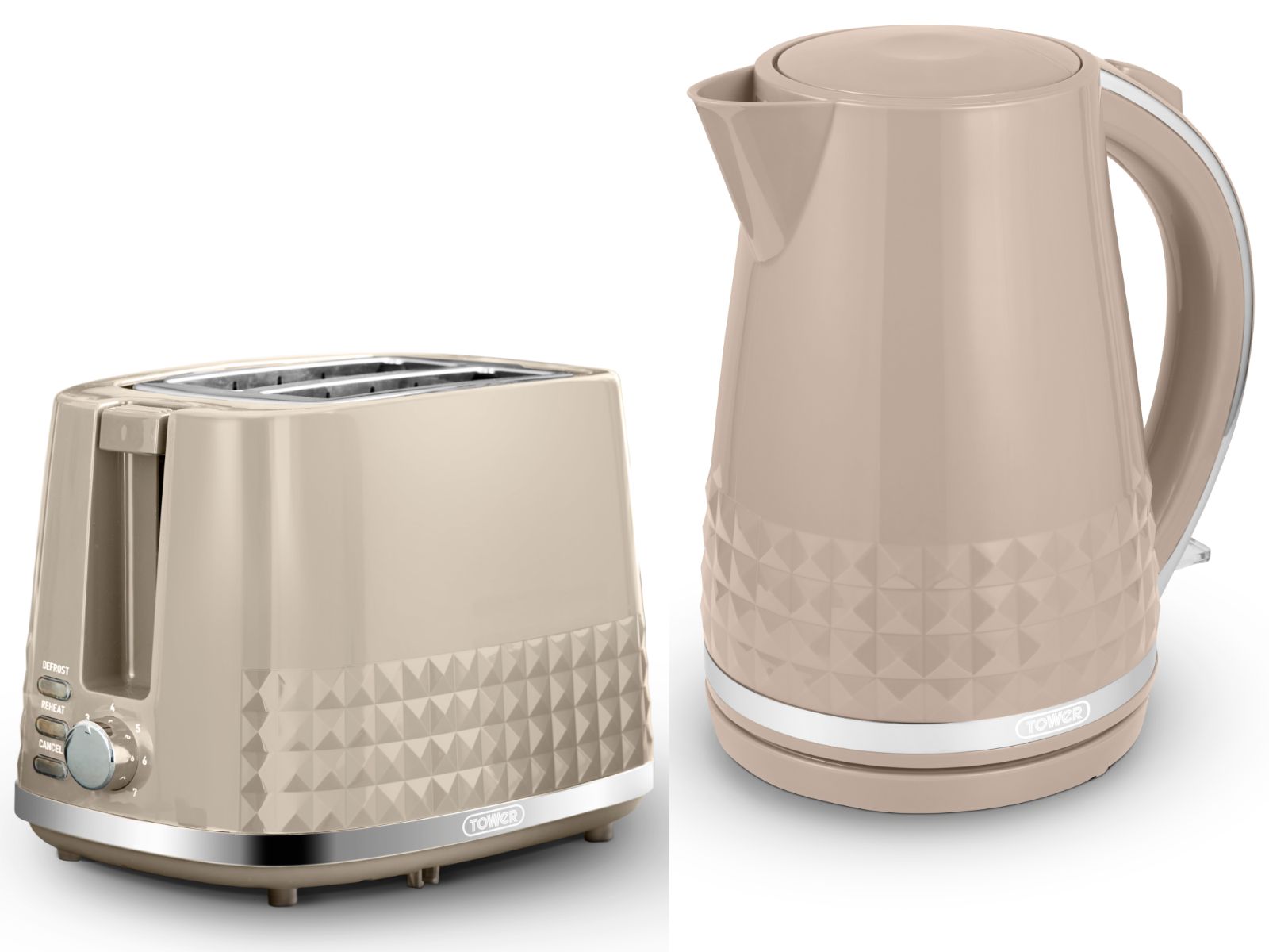 Tower Solitaire 1.5L 3KW Jug Kettle, 2 Slice Toaster & T24042MSH 800W Microwave Set in Latte & Chrome
