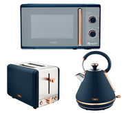 Tower Cavaletto Midnight Blue & Rose Gold Pyramid Kettle, 2 Slice Toaster, 800W 20L Microwave Matching Set