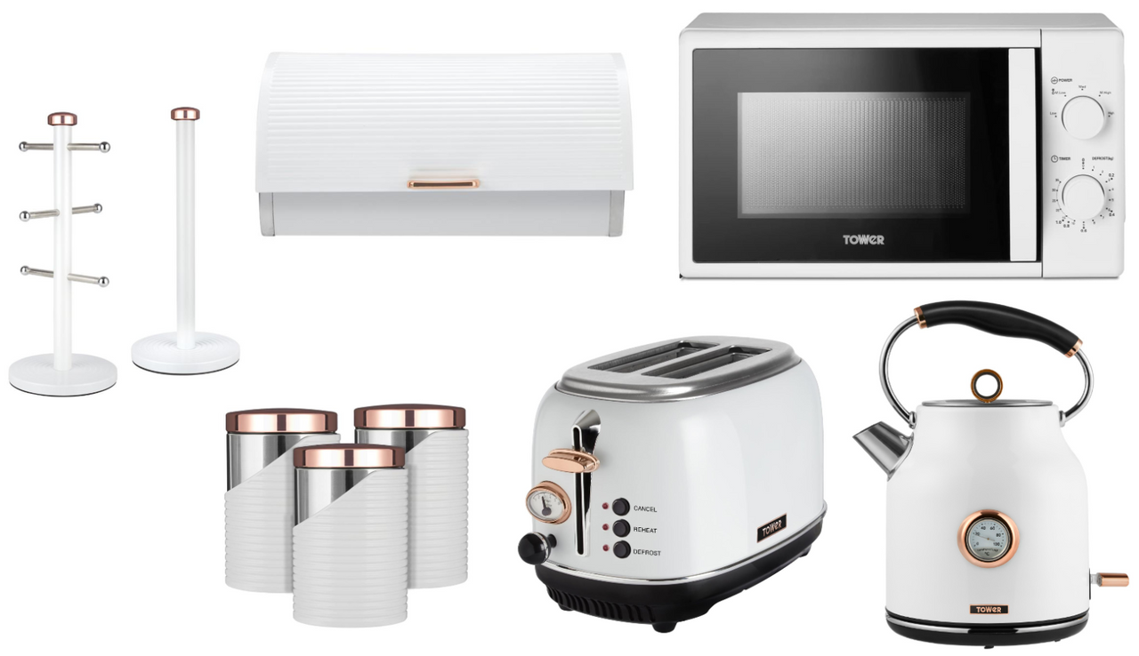 Tower Bottega 1.7L 3KW Traditional Kettle, 2 Slice Toaster, T24034WHT 700W 20L Microwave, Bread Bin, Canisters, Mug Tree, Towel Pole Matching Set in White & Rose Gold