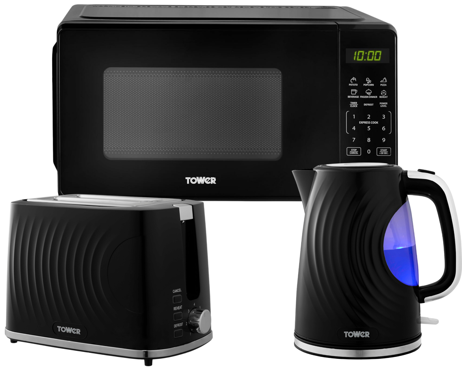 Tower Sonar Black Kettle 2 Slice Toaster & 800W 20L Digital Microwave T24045BLK0