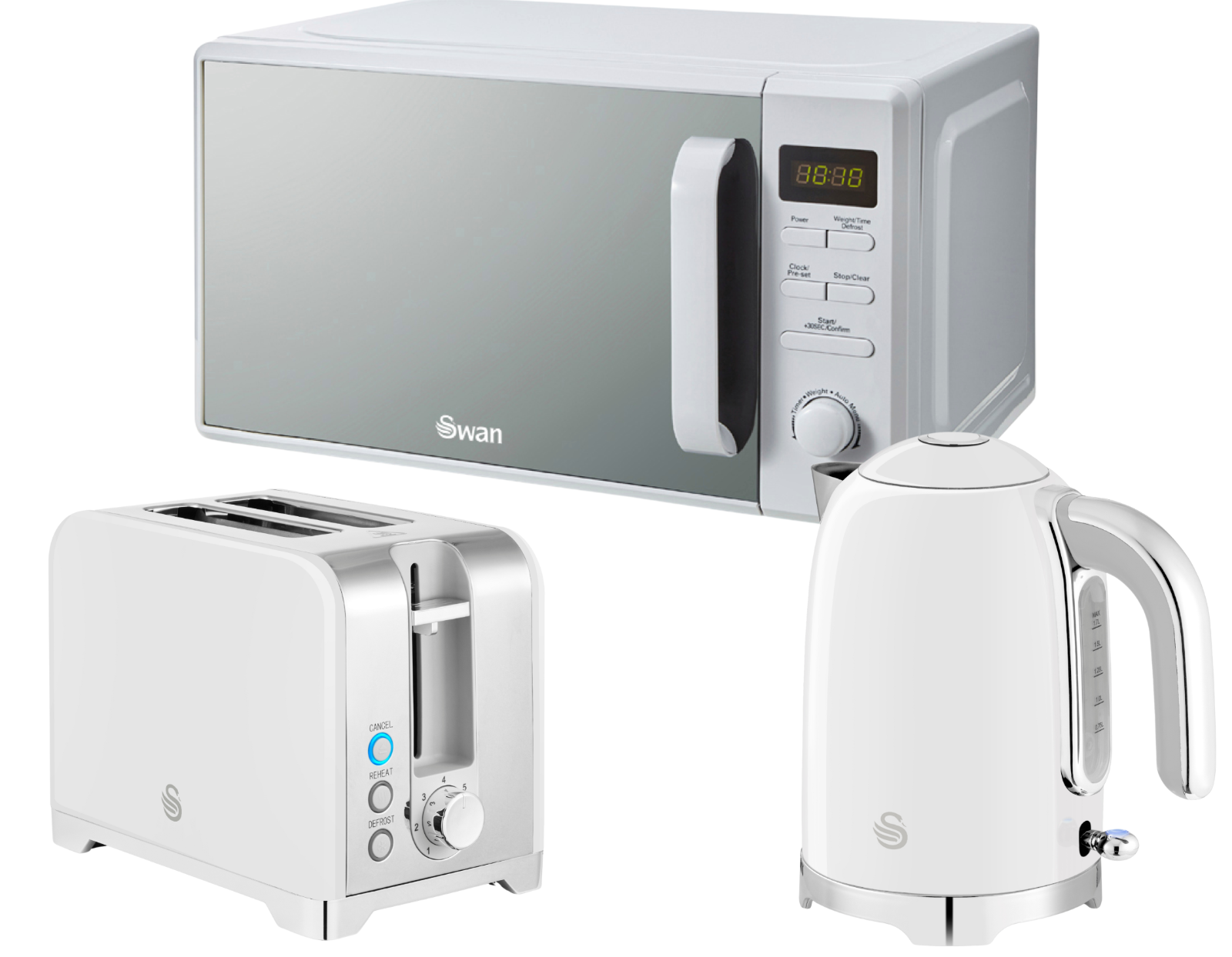 Swan Solace White Kettle 2 Slice Toaster & 800W 20L Digital Microwave Set0