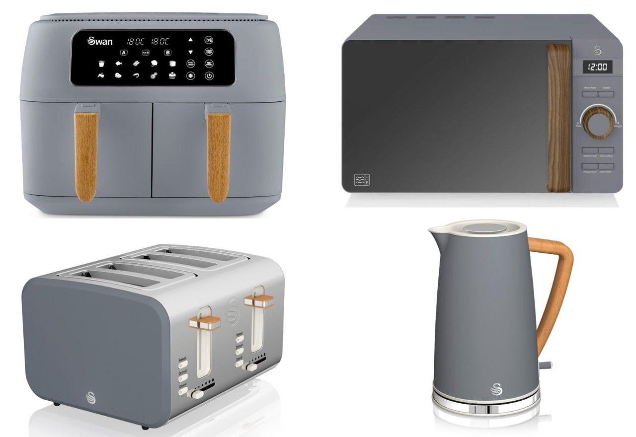 Swan Nordic Grey 1.7L Jug Kettle, 4 Slice Toaster, 8L Dual Basket Air Fryer & 800W 20L Microwave Set
