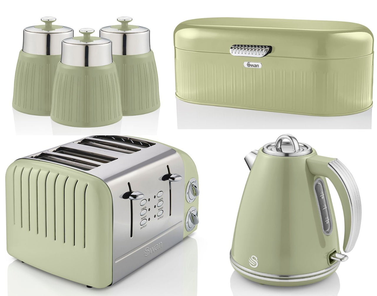 SWAN Retro Green Jug Kettle 4 Slice Toaster ST34020GN Breadbin & Canisters Set
