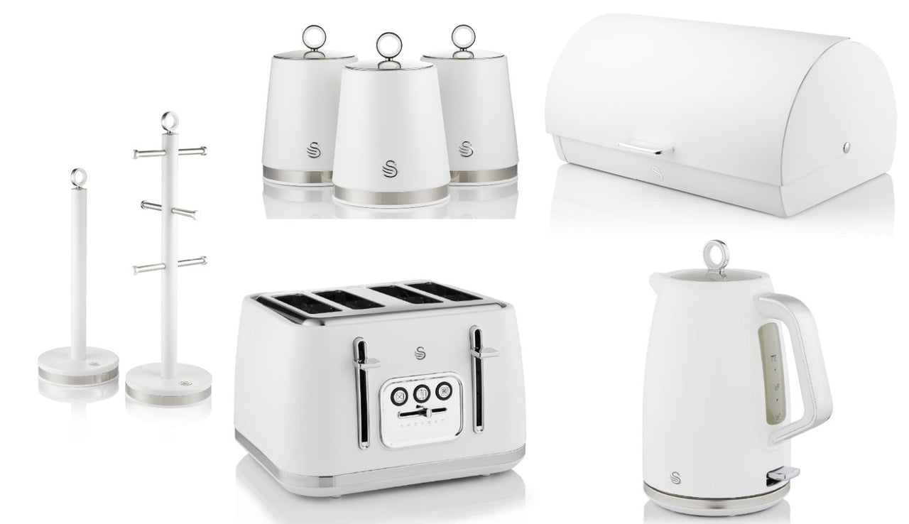 Swan Serenity White 1.7L 3KW Kettle, 4 Slice Toaster, Bread Bin, Canisters, Mug Tree & Towel Pole. Matching Swan Kitchen Set of 8
