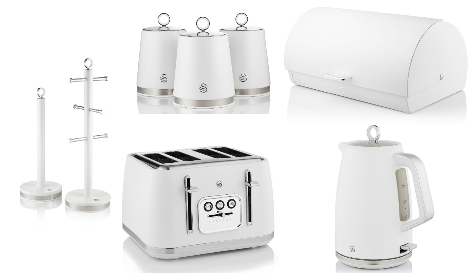 Swan Serenity White 1.7L 3KW Kettle, 4 Slice Toaster, Bread Bin, Canisters, Mug Tree & Towel Pole. Matching Swan Kitchen Set of 8