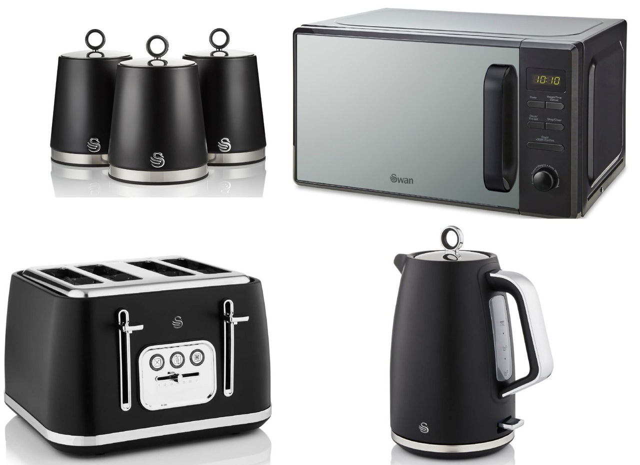 Swan Serenity Black 1.7L 3KW Kettle, 4 Slice Toaster, Canisters and 20L 800W Digital Microwave SM4421BLK. Matching Swan Kitchen Set of 6