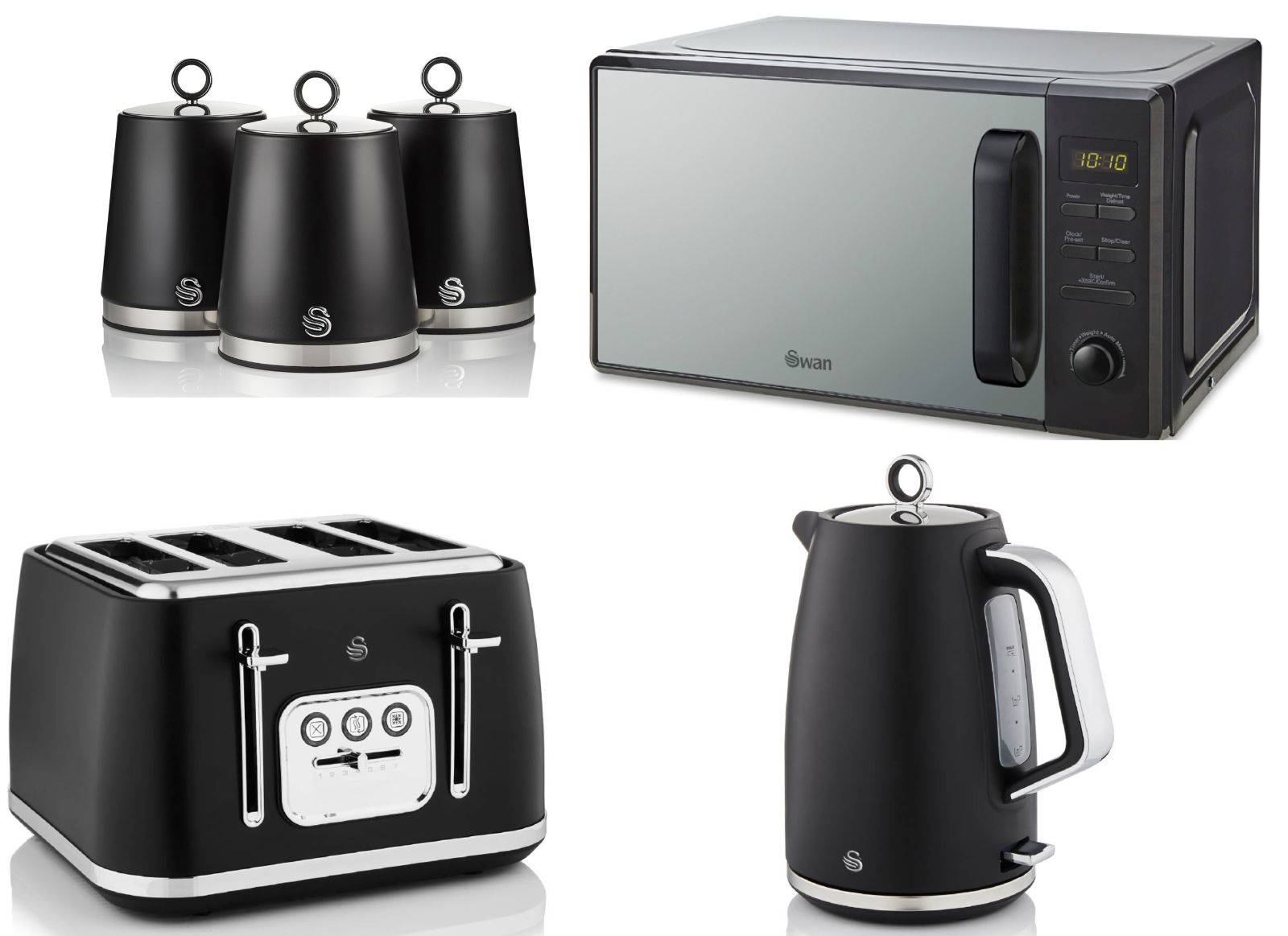 Swan Serenity Black 1.7L 3KW Kettle, 4 Slice Toaster, Canisters and 20L 800W Digital Microwave SM4421BLK. Matching Swan Kitchen Set of 6