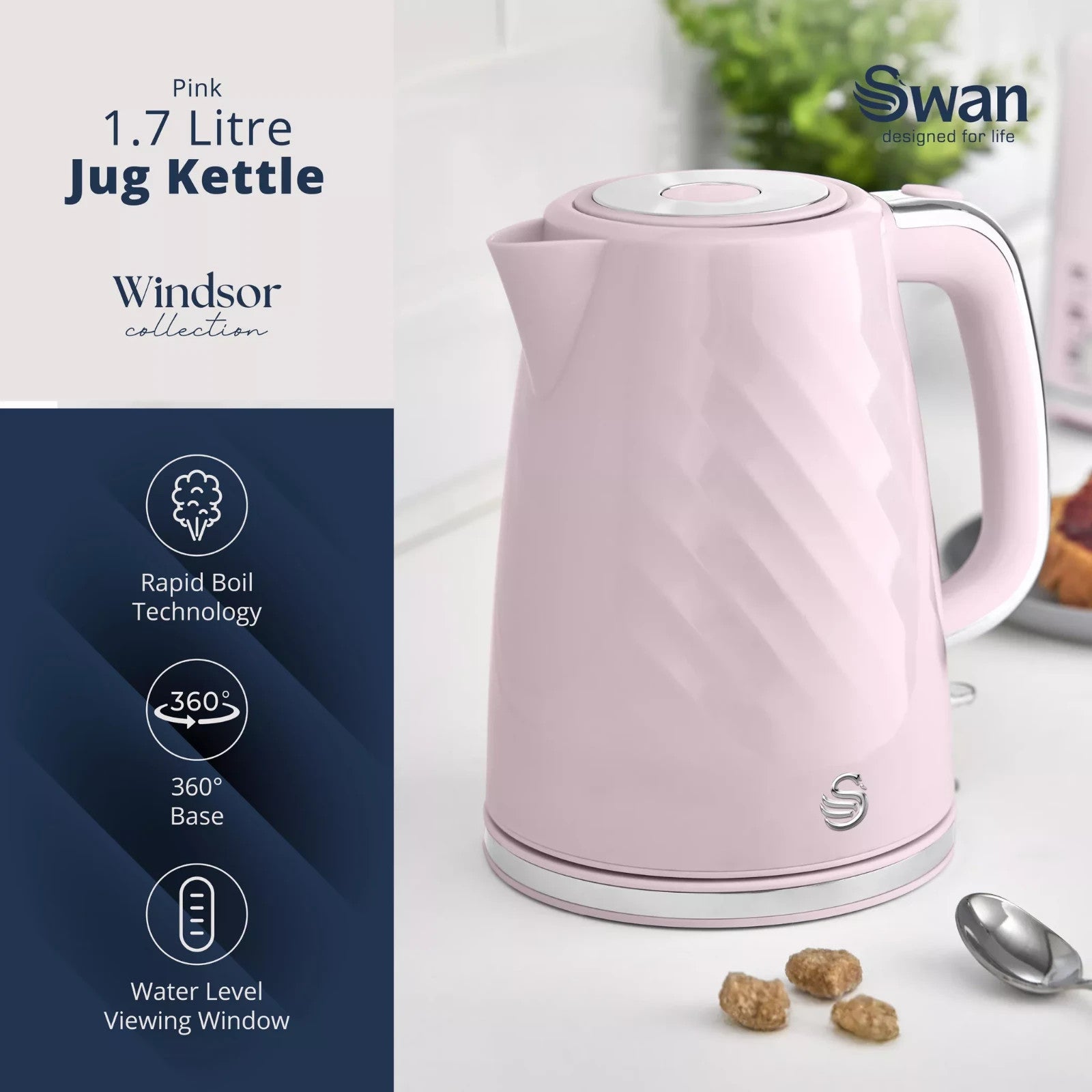 Swan Windsor Pink 1.7L Kettle & 2 Slice Toaster Set with Chrome Accents2