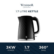 Swan Windsor Black Kettle Toaster Microwave Set Textured Finish Chrome Accents15