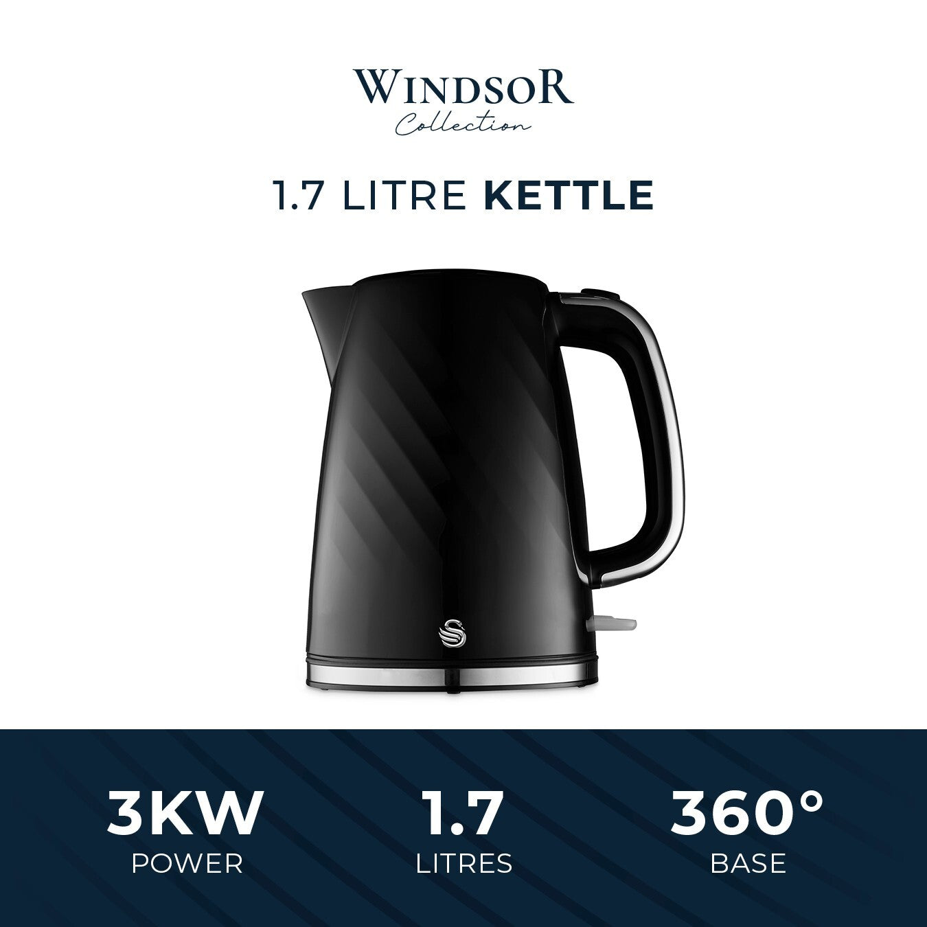 Swan Windsor Black Kettle Toaster Microwave Set Textured Finish Chrome Accents15