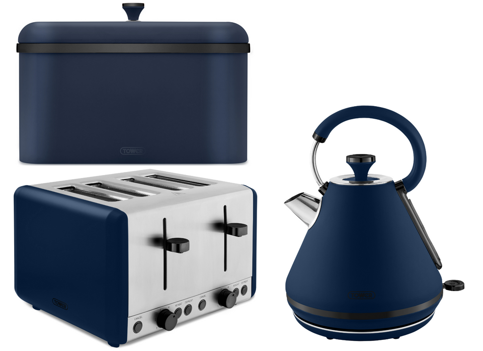 Tower Sera Midnight Blue Pyramid Kettle 4 Slice Toaster Bread Bin Set