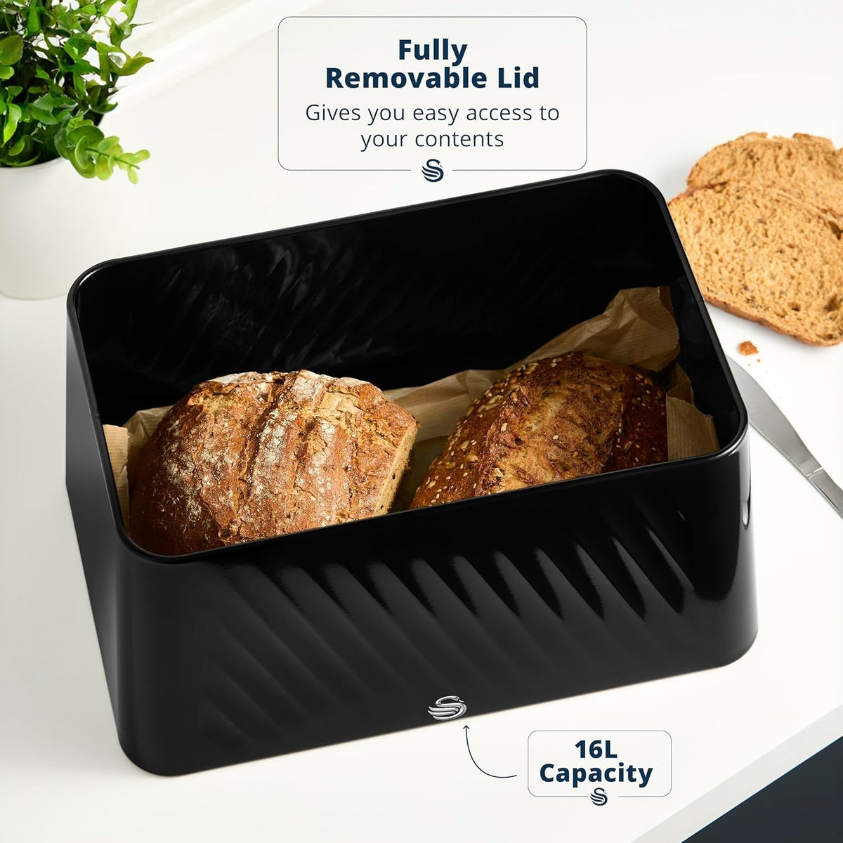 Swan Windsor Black 16L Bread Bin Iron Storage Chrome Handle SWKA18539BLK2