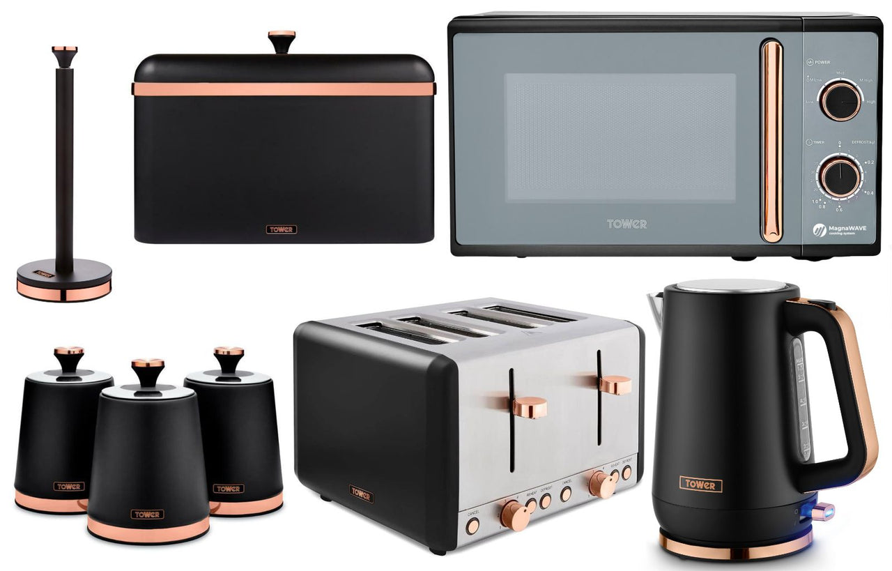 Tower Cavaletto Black Jug Kettle Toaster Microwave & Kitchen Storage Set0